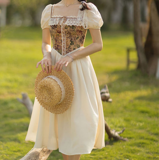 Rustic Floral Countryside Midi Dress (Cream)