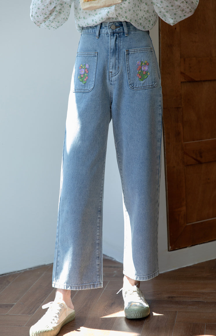 Embroidered Floral Pocket Jeans (Light Denim)