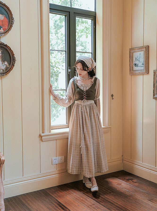 Country Corset Midi Dress (Beige/Olive)