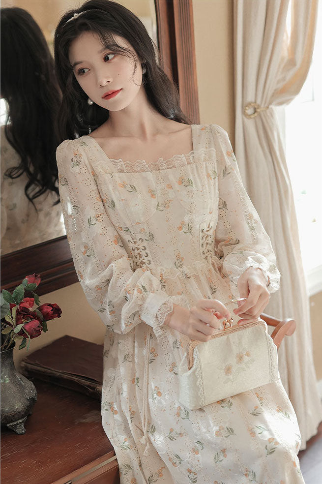 Flower Blossom Lace Up Midi Dress (Cream)