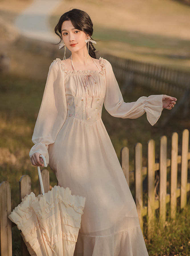 Sweet Floral Jacquard Corset Dress (Beige)