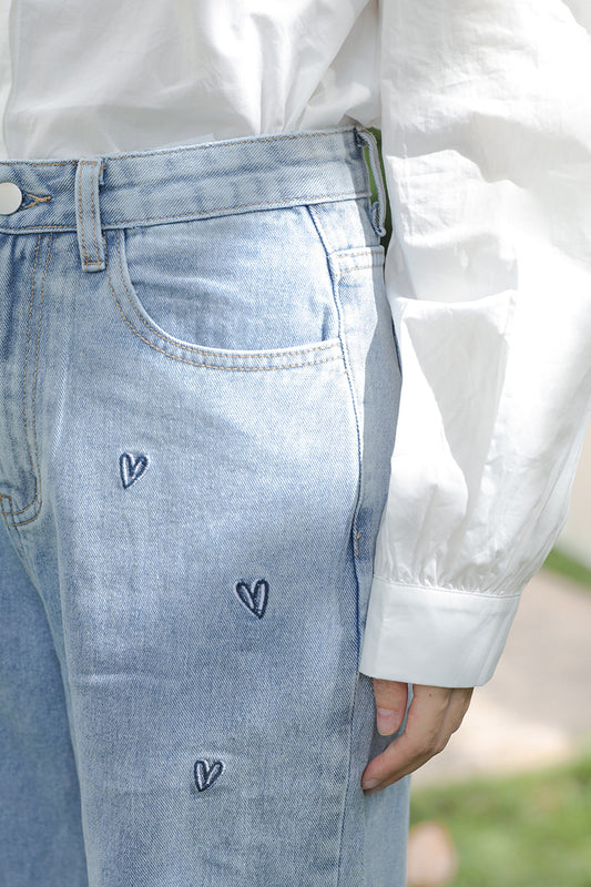 Doodle Hearts Embroidered Jeans (Light Denim)