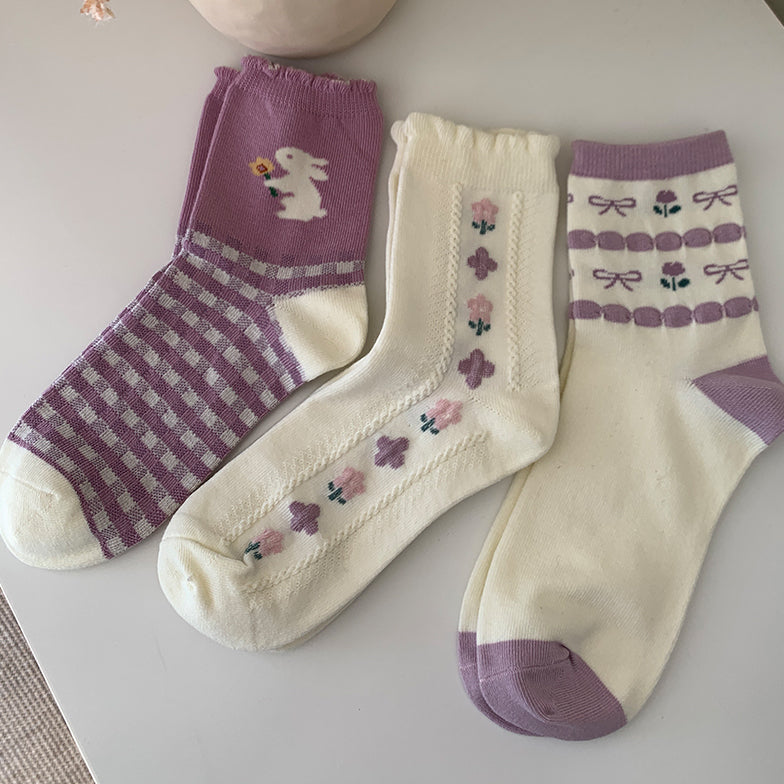 Gingham Rabbit Sock Set (Purple)