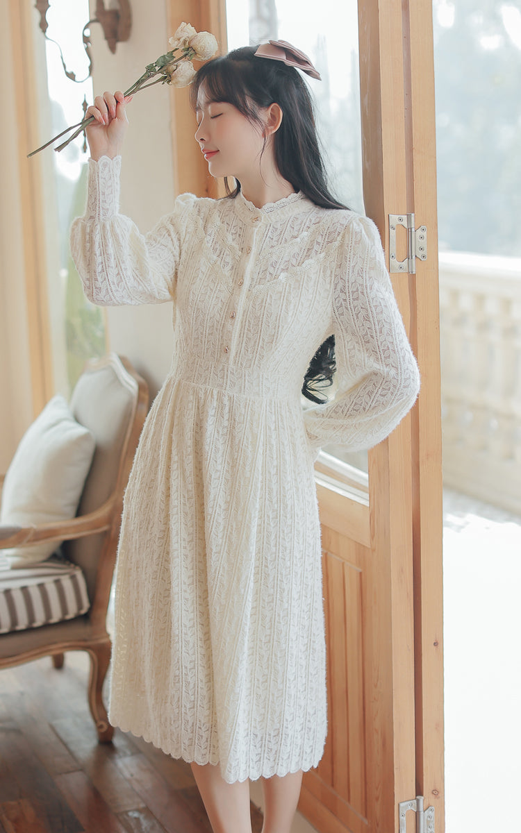 Lace & Vines Midi Dress (White)
