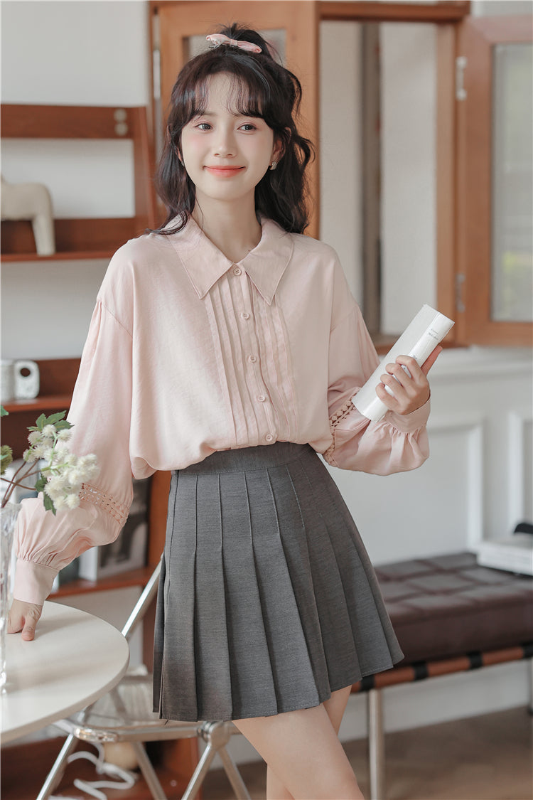 Pintuck Puff Sleeve Blouse (Pink)