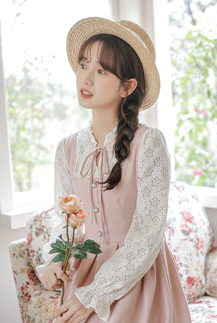 Floral Lace Twofer Midi Dress (Pink/White)