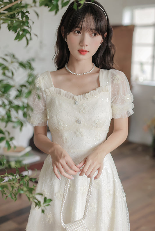 Delicate Flower Sequin Maxi Dress (White)