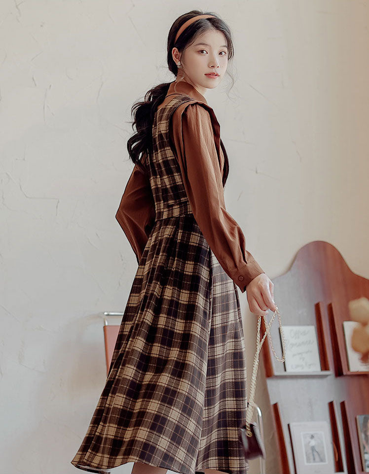 Crepe Plaid Pinafore Dress Set (2 Colors)