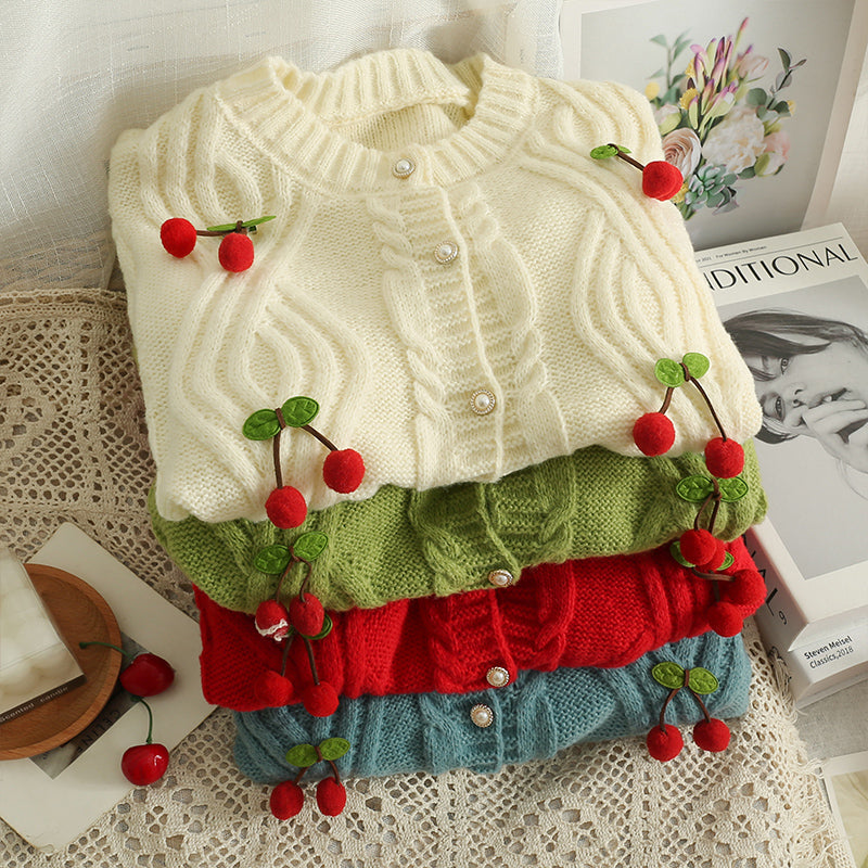 Cherry Pom Pom Cropped Cardigan (4 Colors)