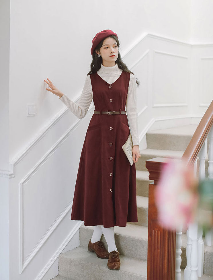 Button Up Suede Pinafore Dress (4 Colors)