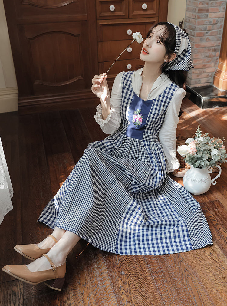 Gingham Pastures Twofer Midi Dress (Blue/White)