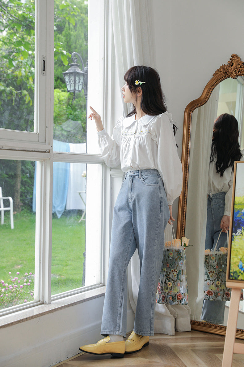 Mushroom Embroidered Mom Jeans (2 Colors)