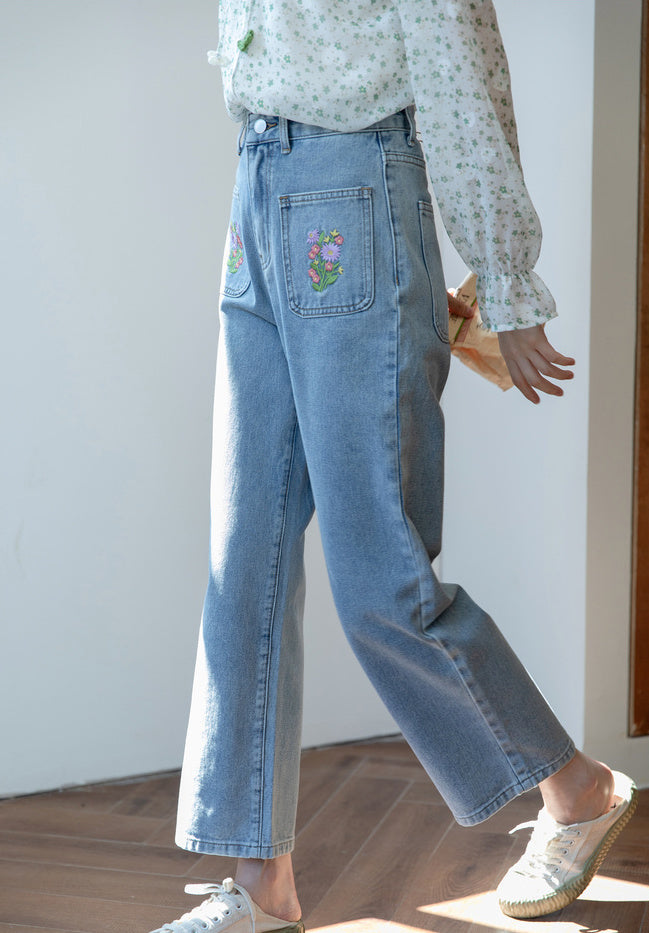 Embroidered Floral Pocket Jeans (Light Denim)