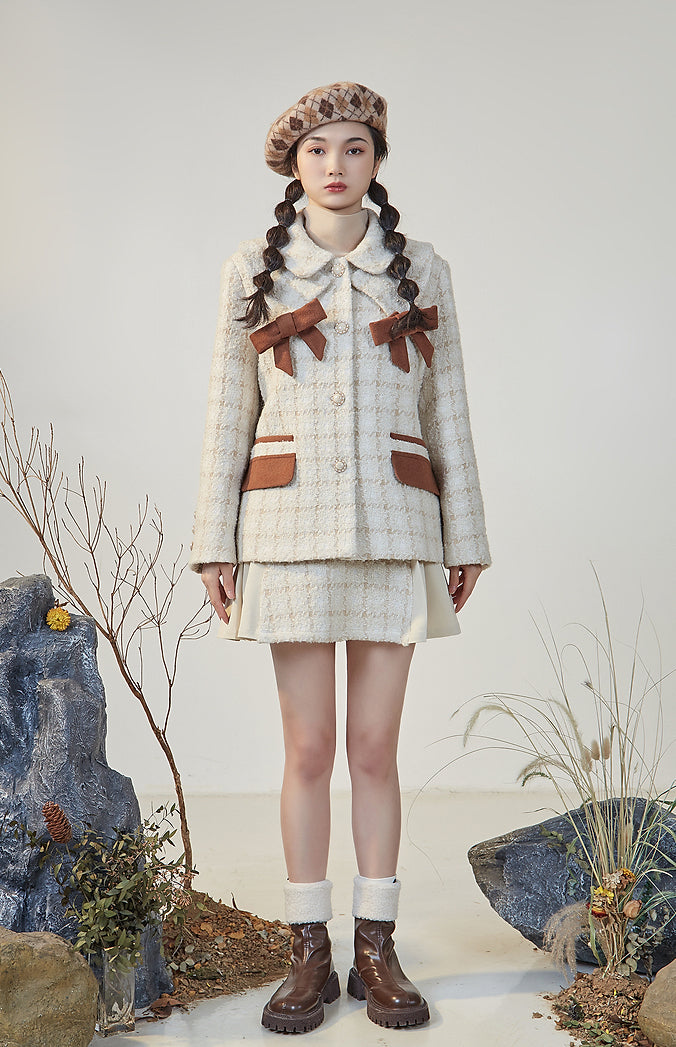 Latte Plaid Tweed Jacket / Skirt (Cream/Brown)