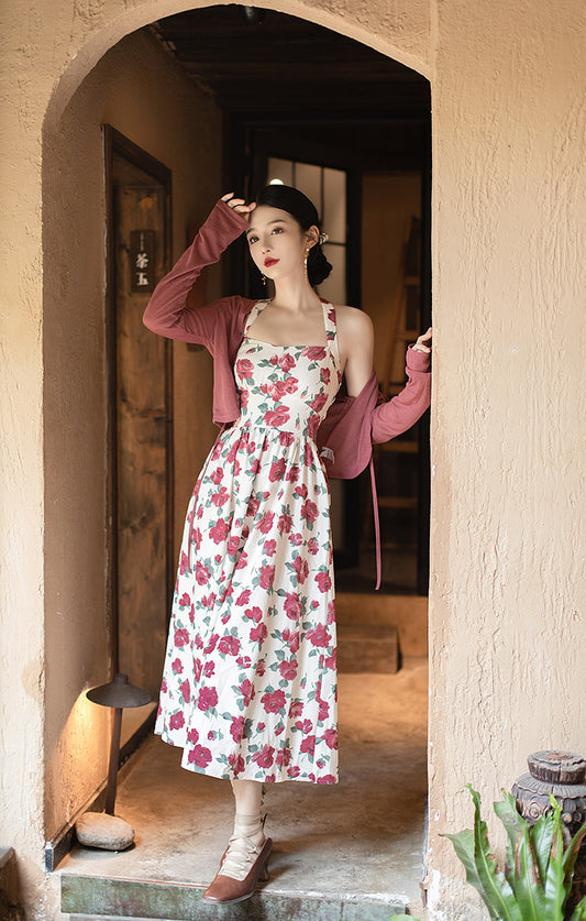Retro Rose Midi Dress (White/Red)