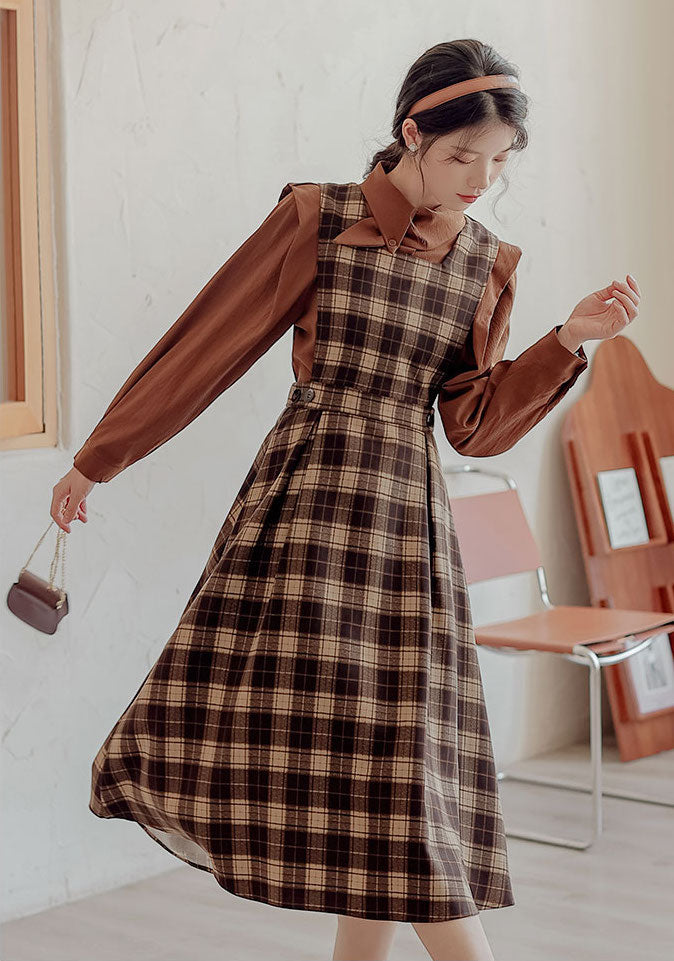 Crepe Plaid Pinafore Dress Set (2 Colors)