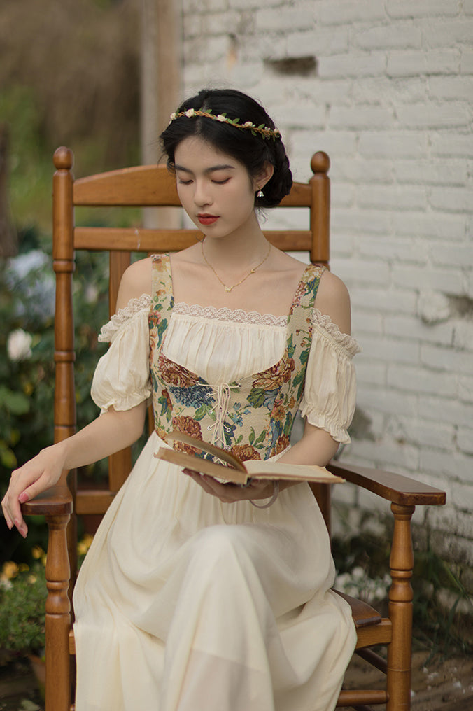 Rustic Floral Corset Twofer Dress (Cream)