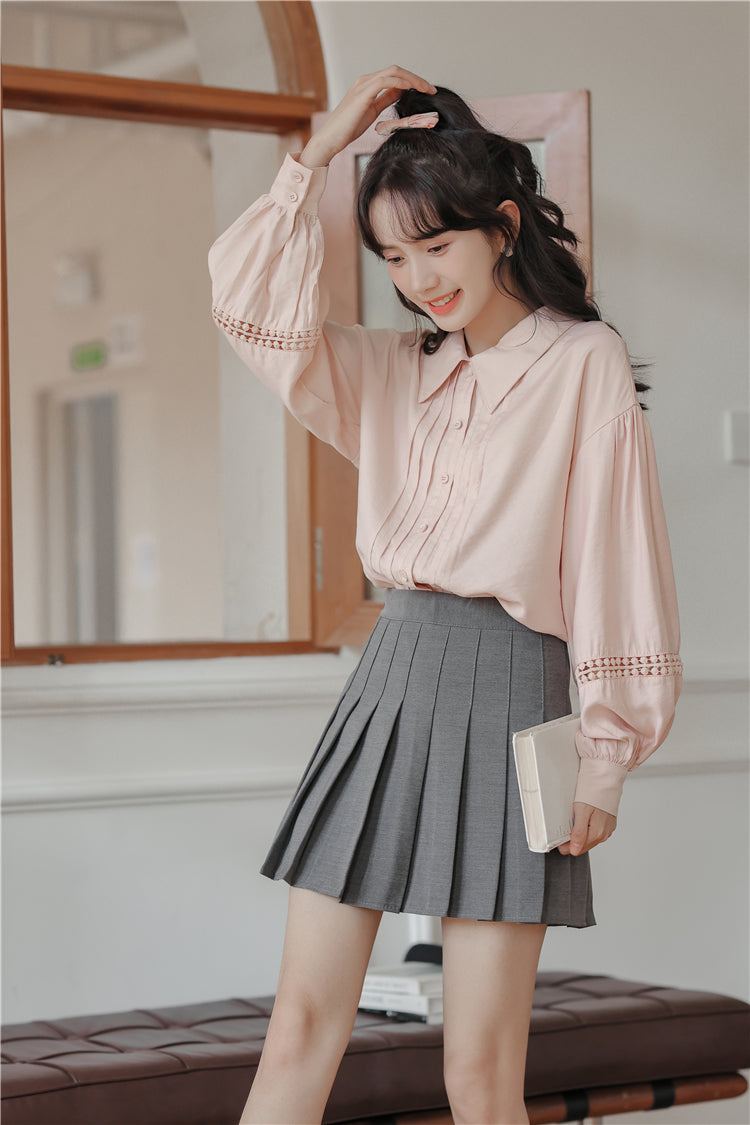 Pintuck Puff Sleeve Blouse (Pink)