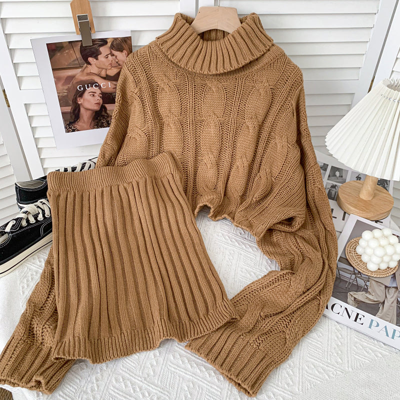 Turtleneck Cable Knit Cropped Sweater & Skirt Knit Set (4 Colors)