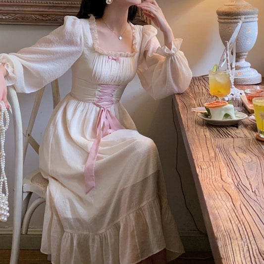 Meadow Corset Midi Dress (White/Pink)