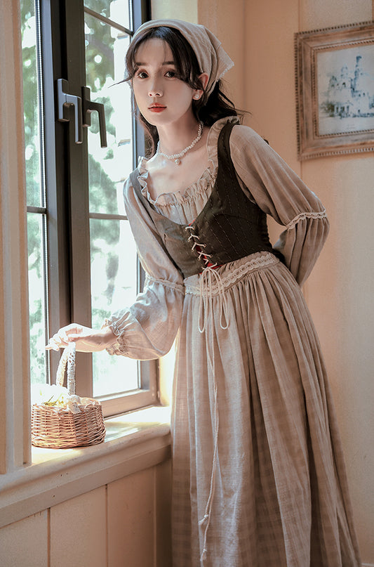 Country Corset Midi Dress (Beige/Olive)