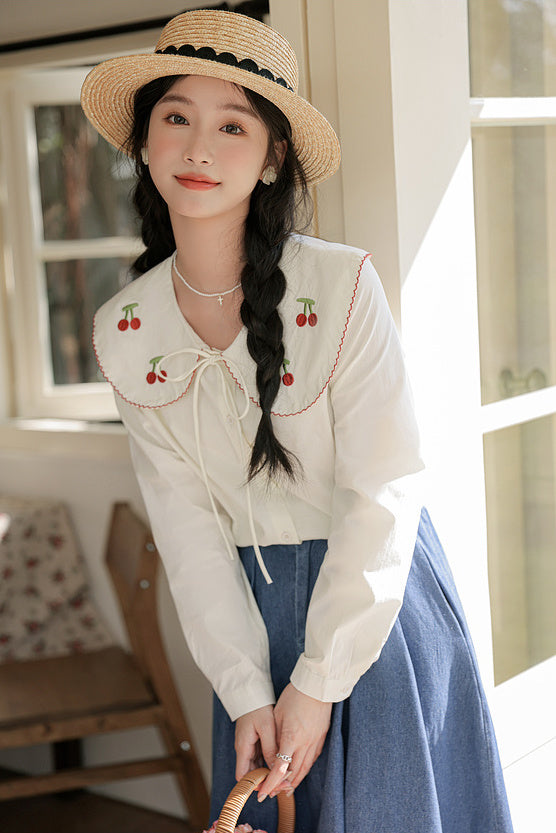 Sweet Cherry Collar Blouse (White)