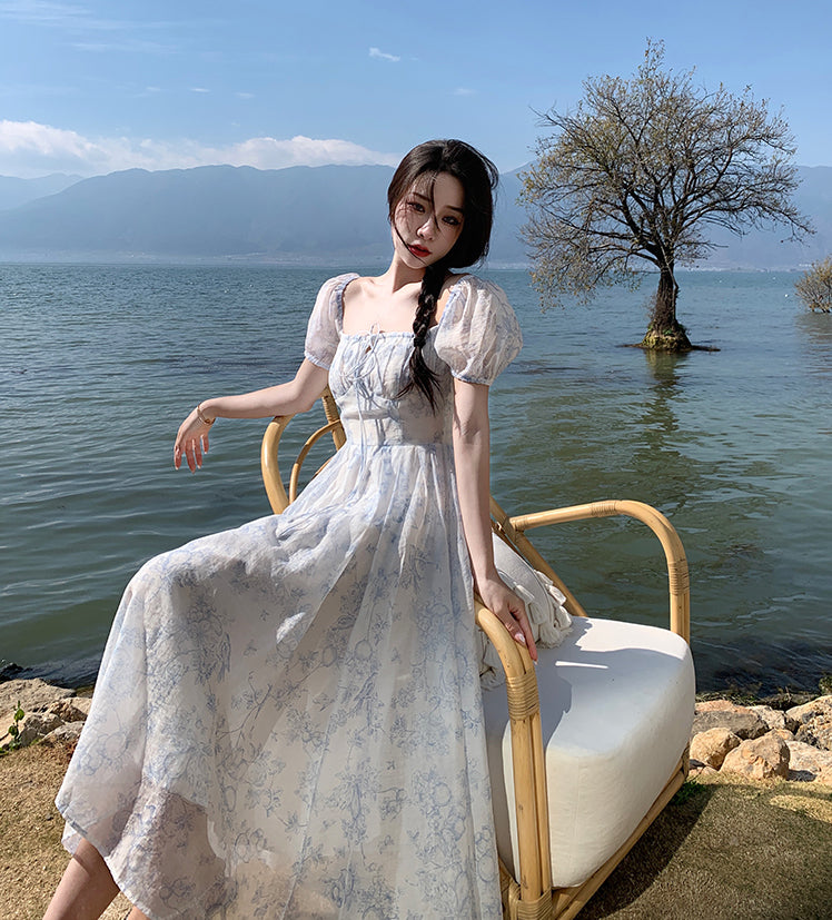 Porcelain Sketch Midi Dress (White/Blue)