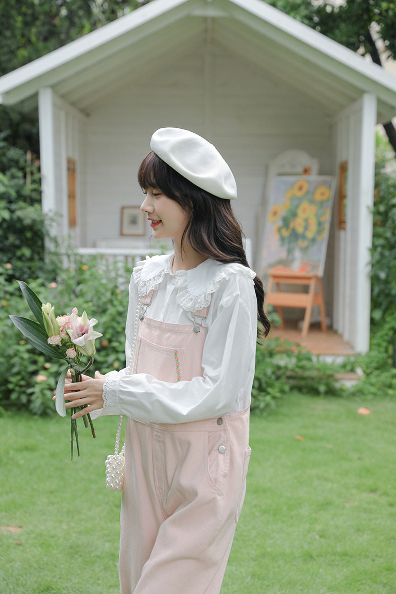 Daisy Chain Embroidered Denim Overalls (Pink)