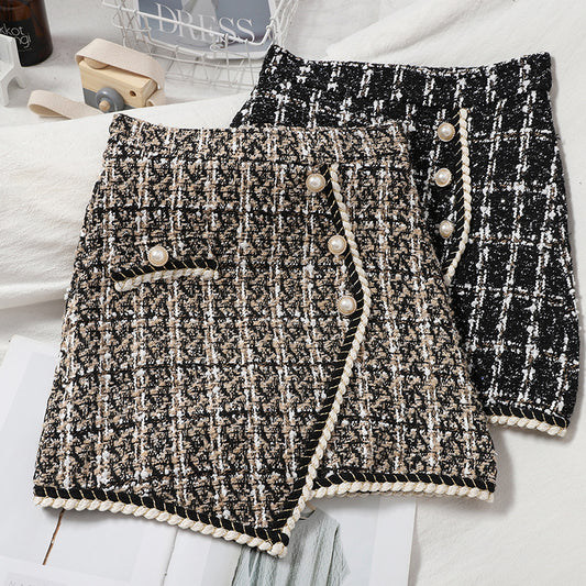 Asymmetrical Tweed Plaid Skirt (2 Colors)