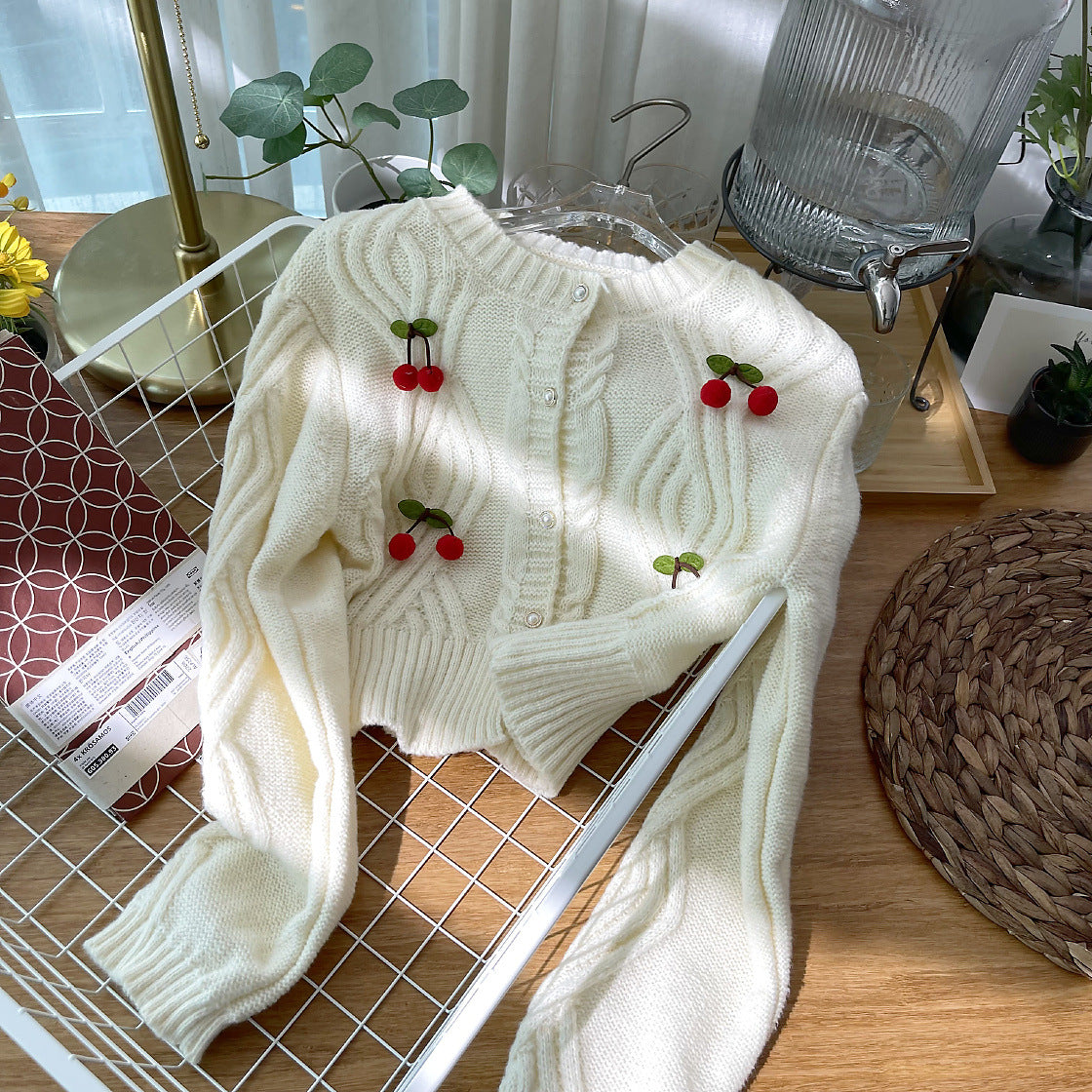 Cherry Pom Pom Cropped Cardigan (4 Colors)