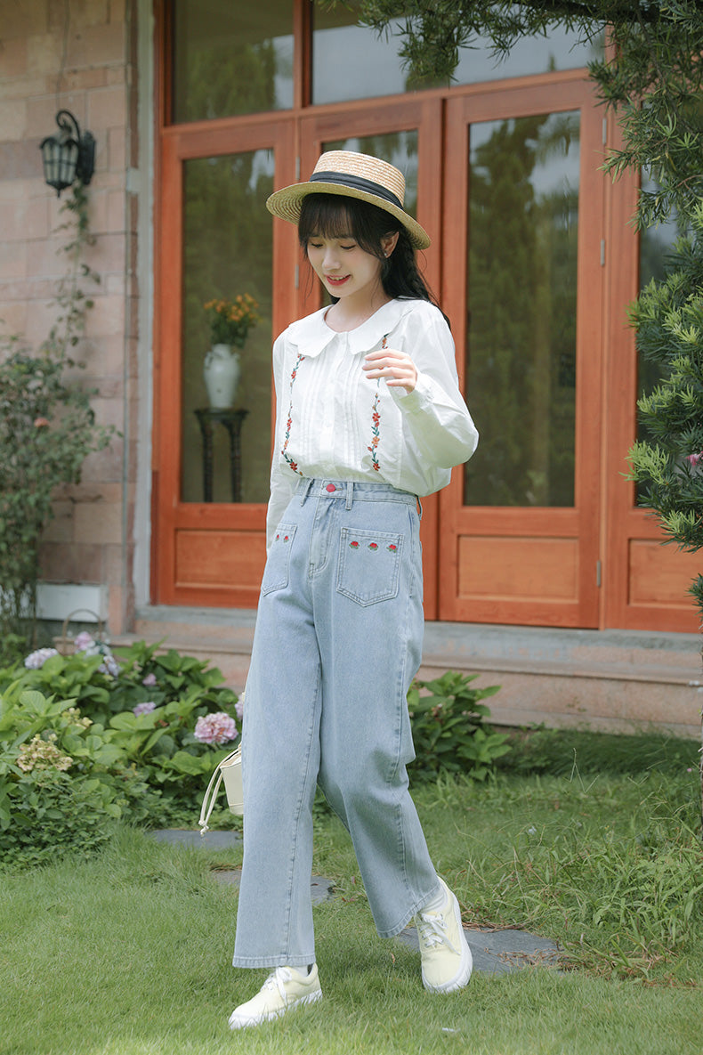 Embroidered Rose Pocket Jeans (Light Denim)