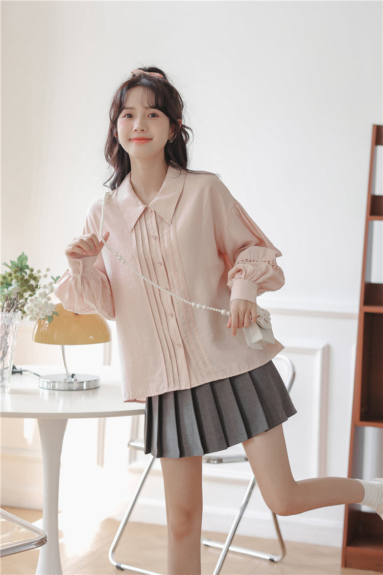 Pintuck Puff Sleeve Blouse (Pink)