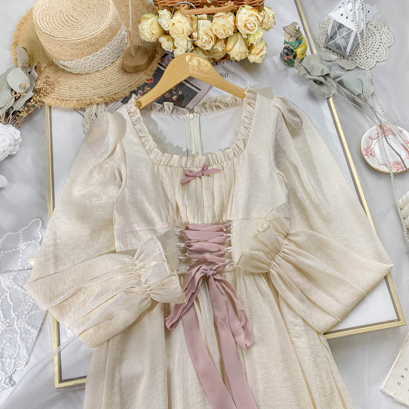 Meadow Corset Midi Dress (White/Pink)