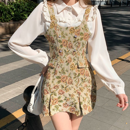 Rustic Floral Twofer Dress (White/Khaki)