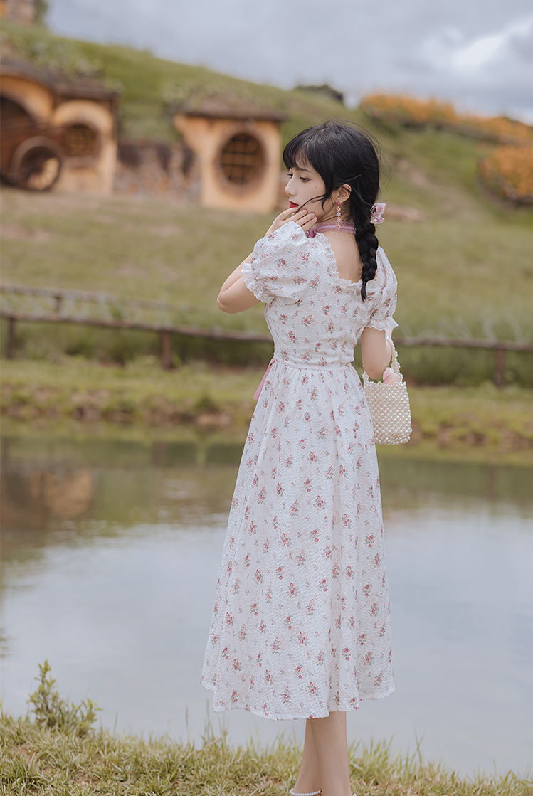 Spring Fling Lace Up Floral Dress (White/Pink)