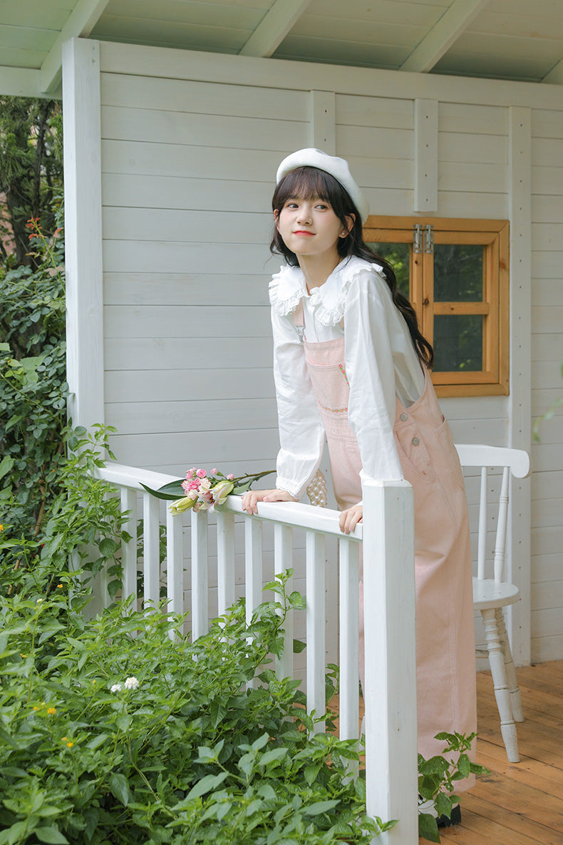 Daisy Chain Embroidered Denim Overalls (Pink)