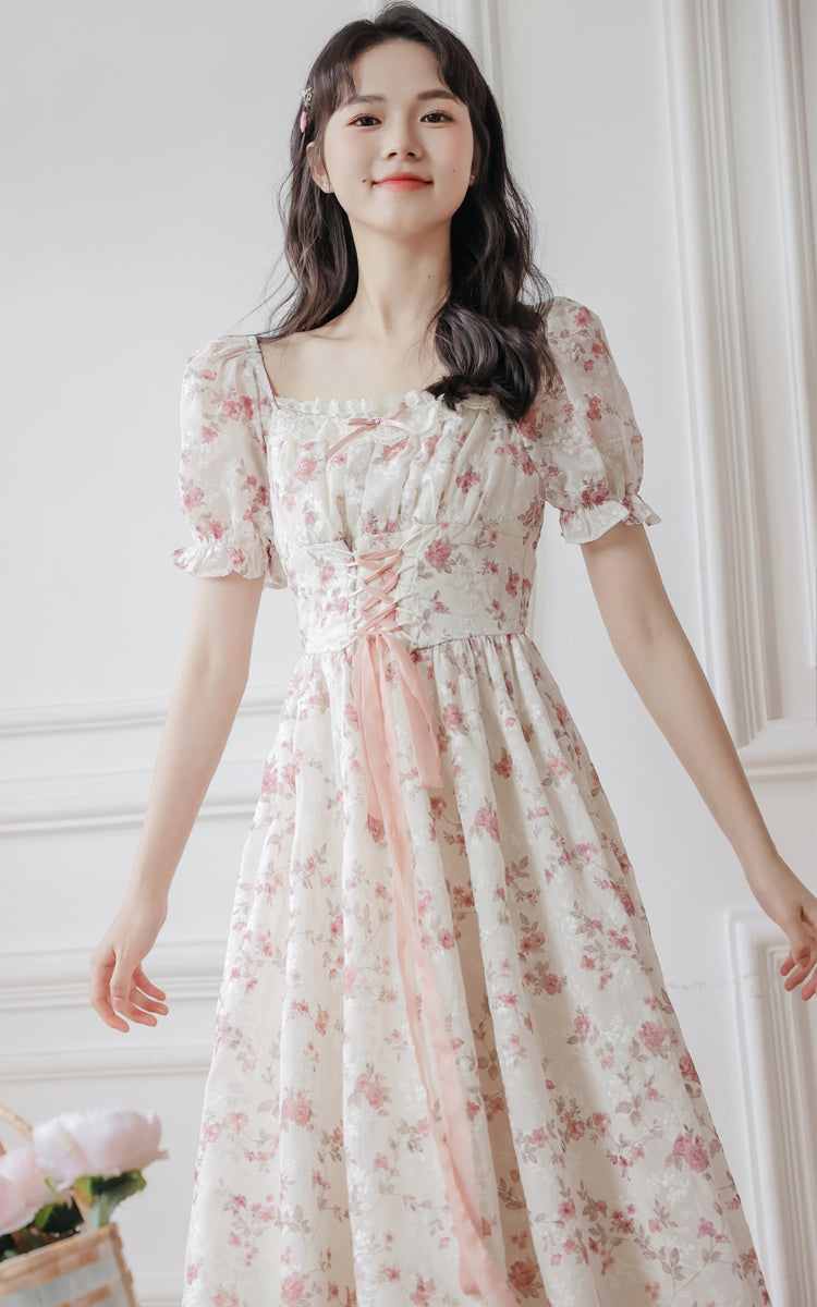 Cherry Blossom Lace Up Dress (White/Pink)