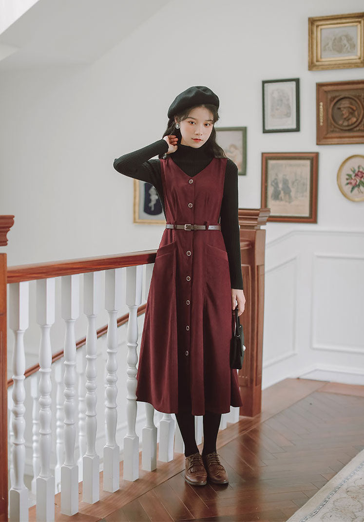 Button Up Suede Pinafore Dress (4 Colors)