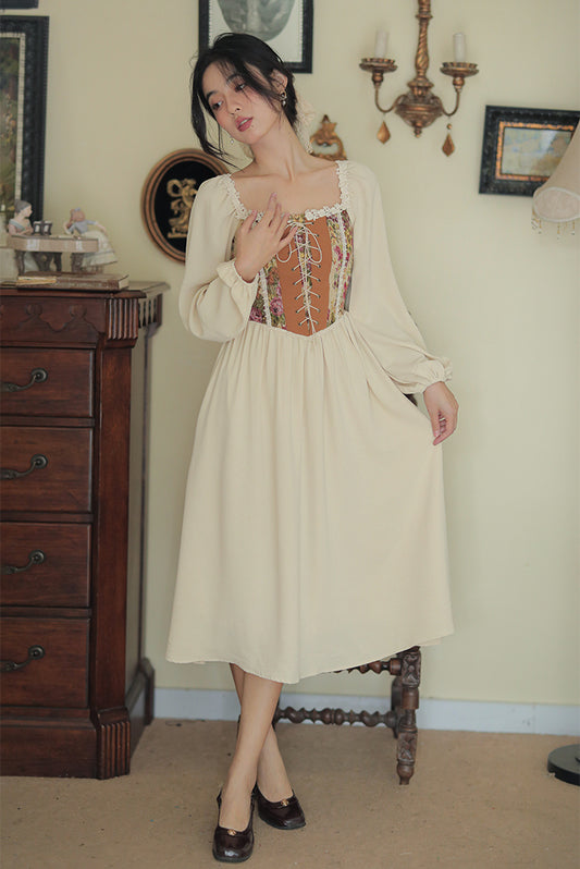 Rustic Rose Lace Up Corset Midi Dress (Pink/Cream)