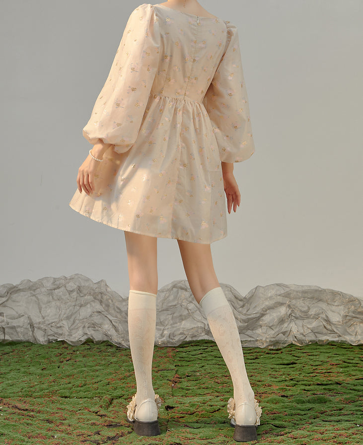 Puff Sleeve Bow Floral Jacquard Dress (Beige)