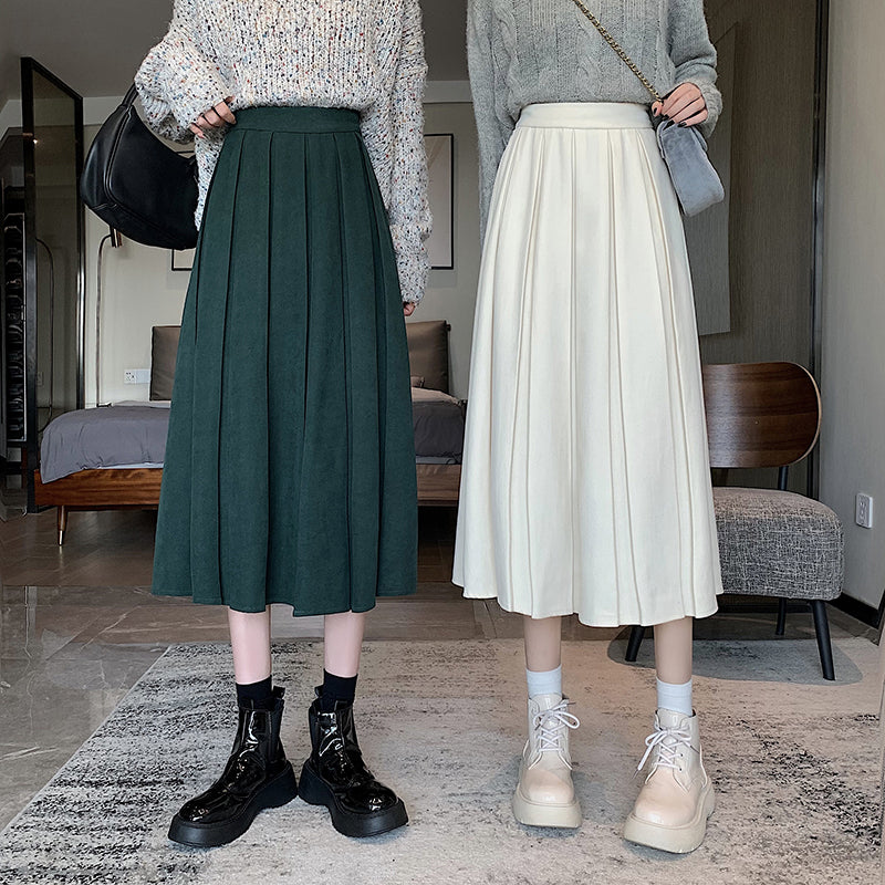 Corduroy Suede Pleated Midi Skirt (6 Colors)