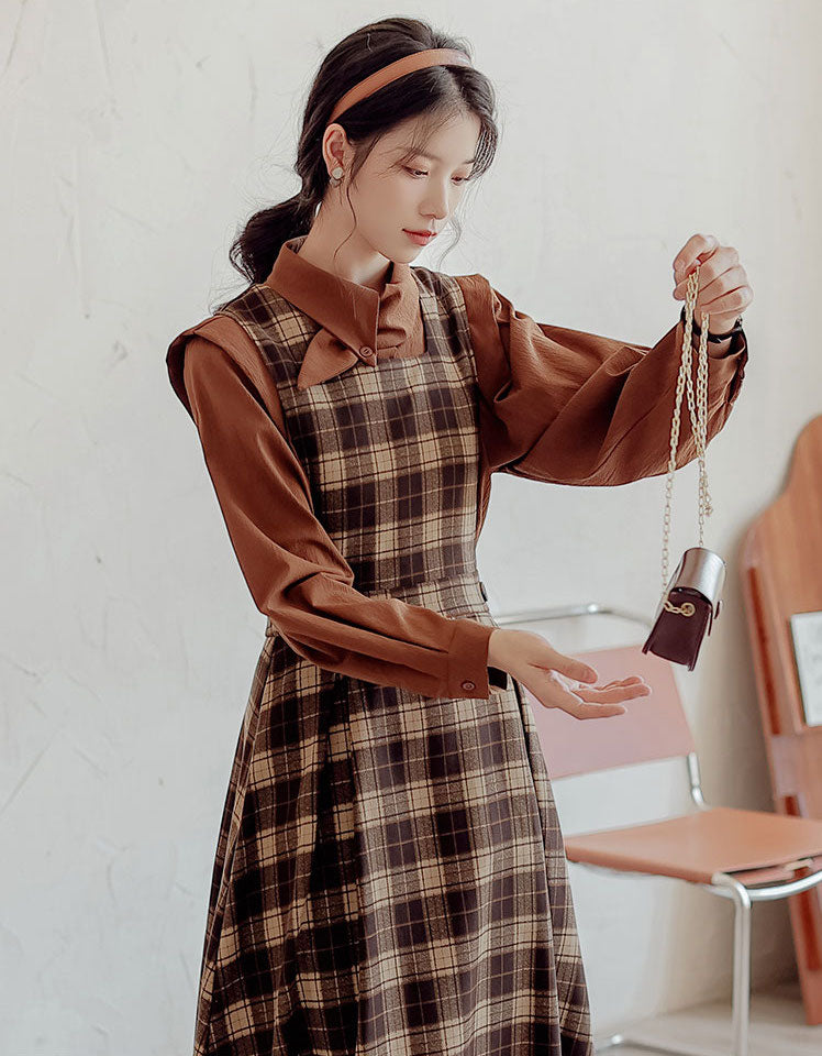 Crepe Plaid Pinafore Dress Set (2 Colors)