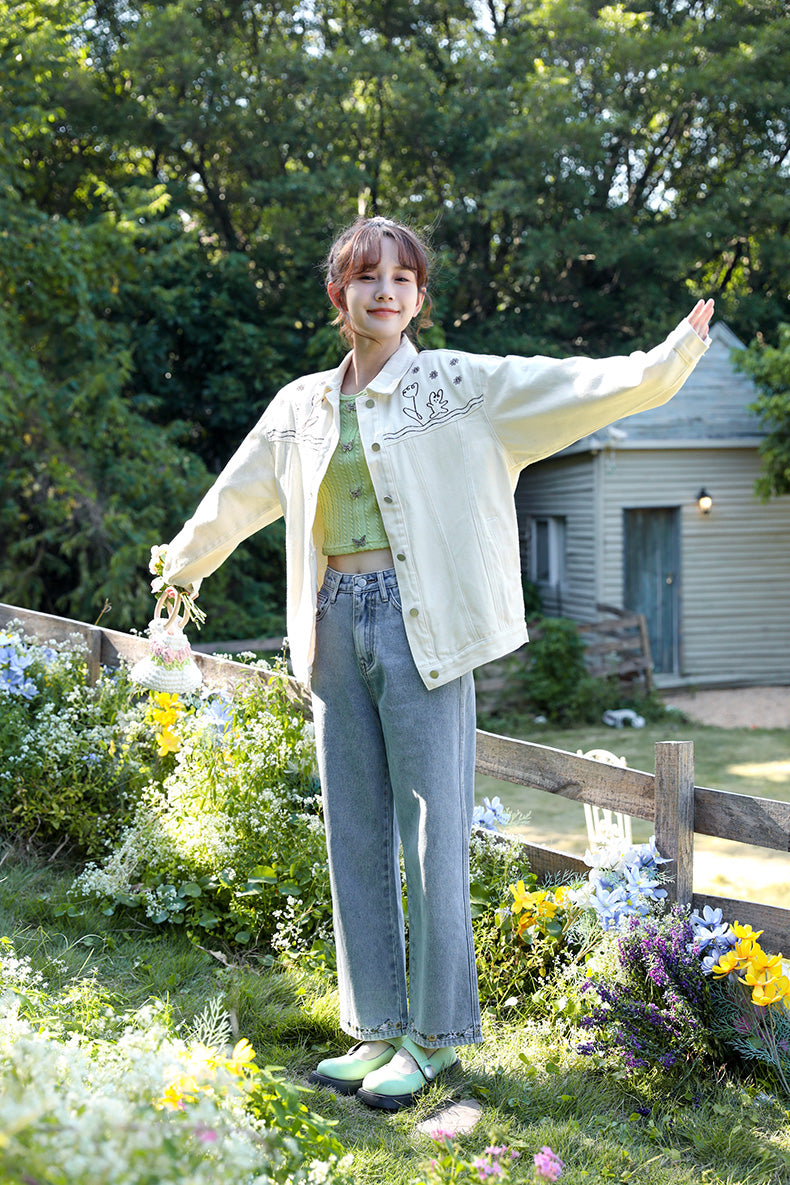 Flower Hem Embroidered Jeans (Acid Wash)