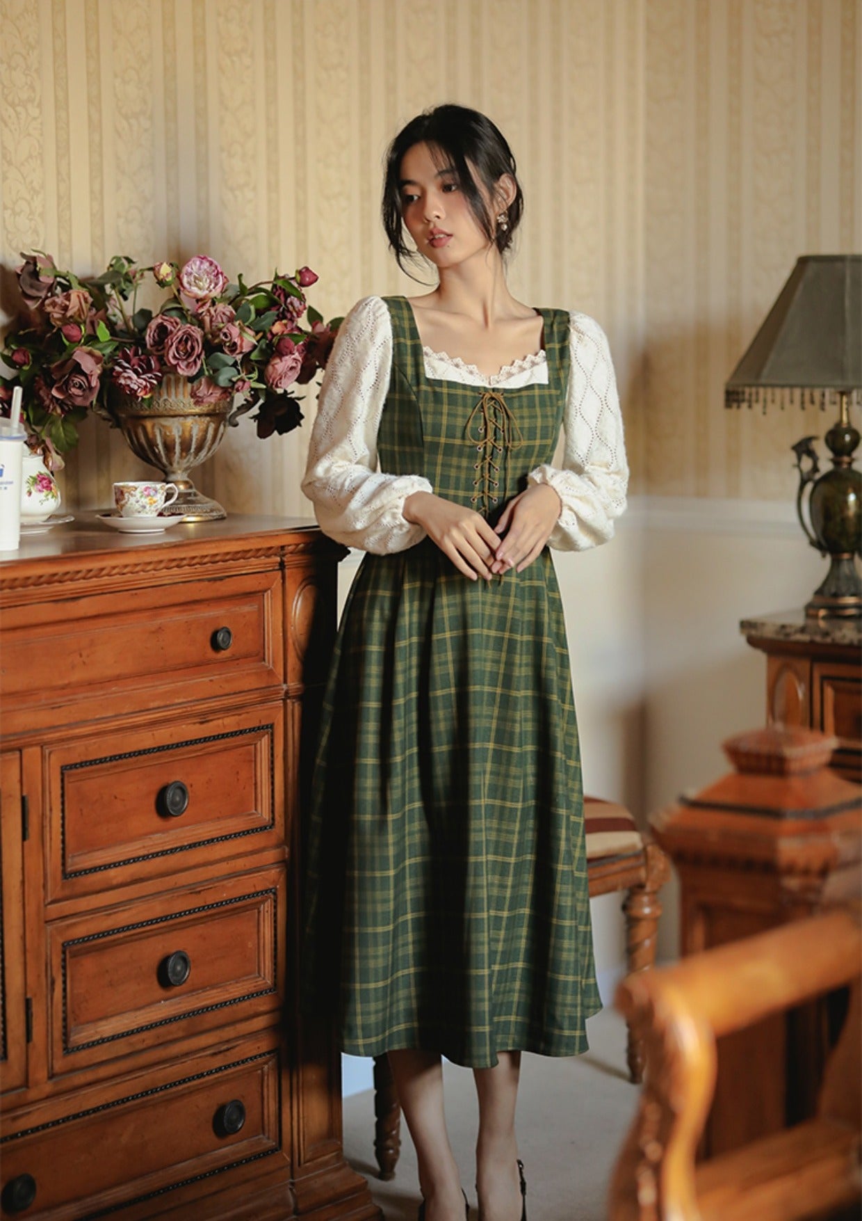 Rustic Plaid Lace Up Corset Midi Dress (Green)