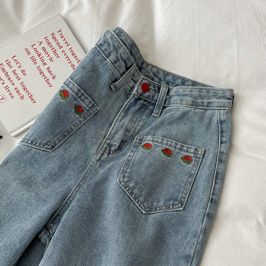 Embroidered Rose Pocket Jeans (Light Denim)