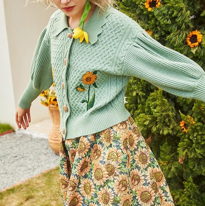 Sunflower Collared Cardigan (Sage)