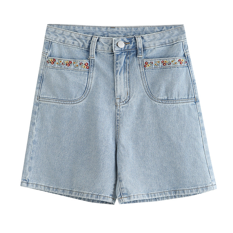 Flower Vines Embroidered Shorts (Light Denim)