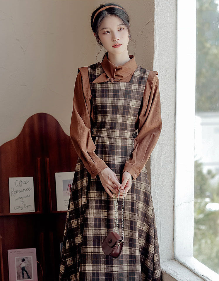 Crepe Plaid Pinafore Dress Set (2 Colors)