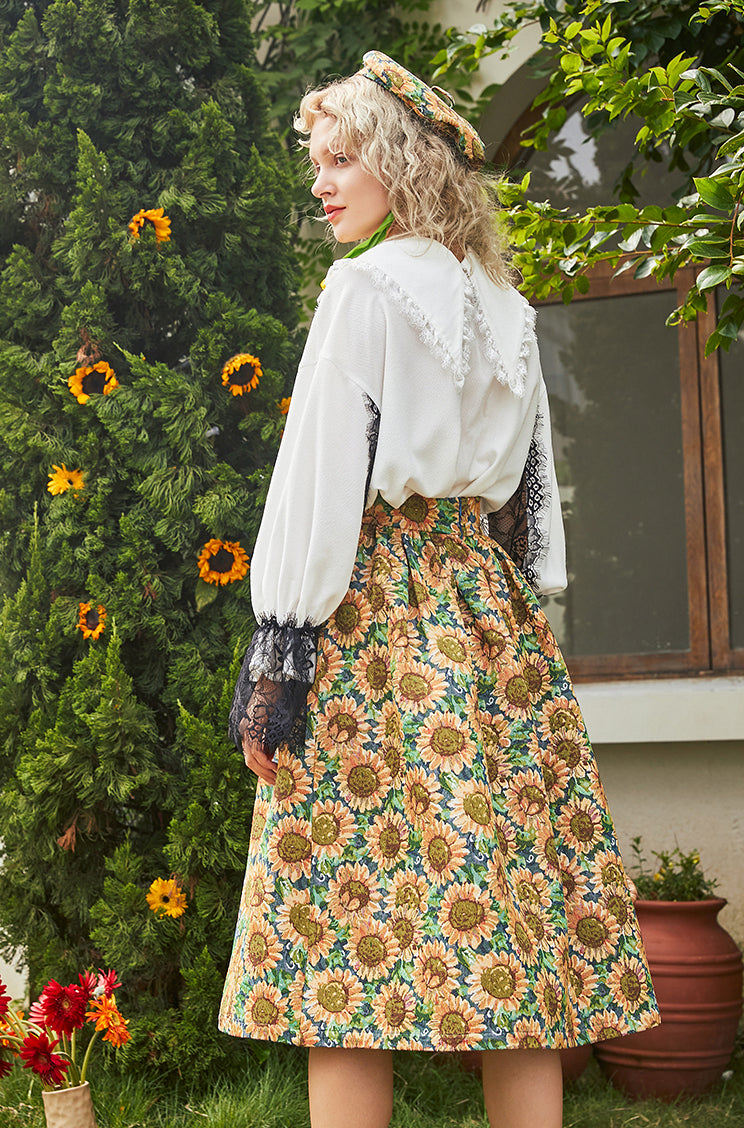 Sunflower Jacquard Midi Skirt (Blue/Yellow)