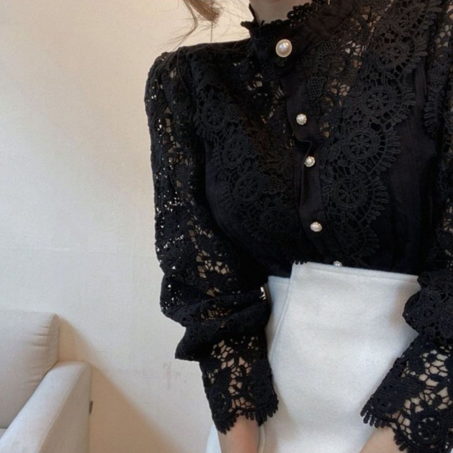 Lace High Neck Button Up Shirt (3 Colors)